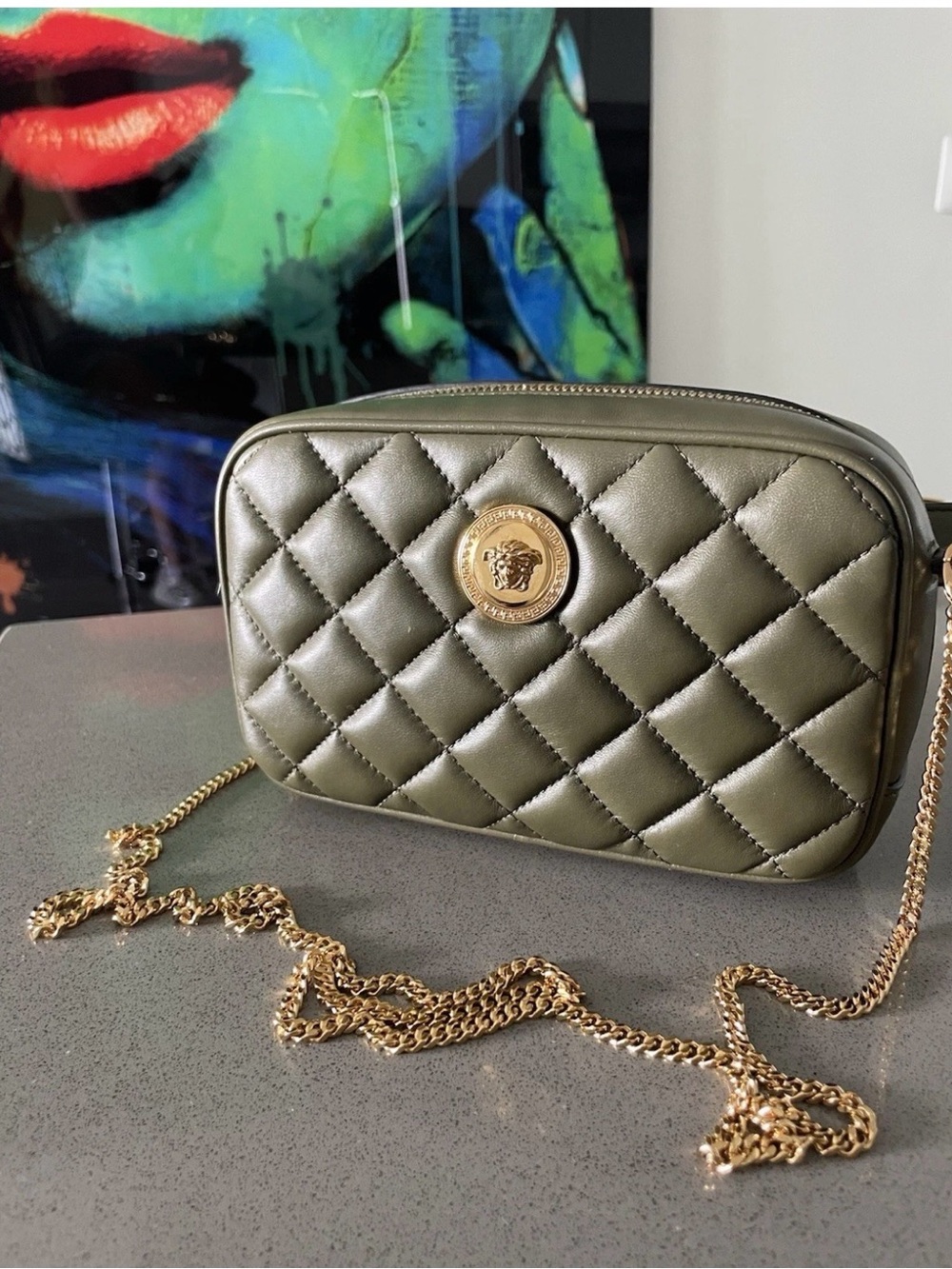 Versace Quilted Olive Green Leather Crossbody with Gold Medallion